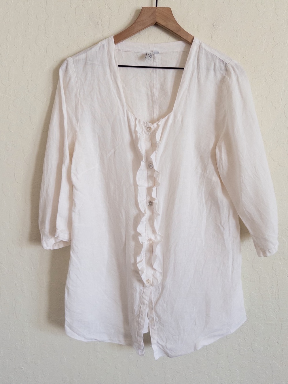 Riki 100% Linen Square Neck 3/4 Sleeve Ruffle Button Front Blouse Top Medium